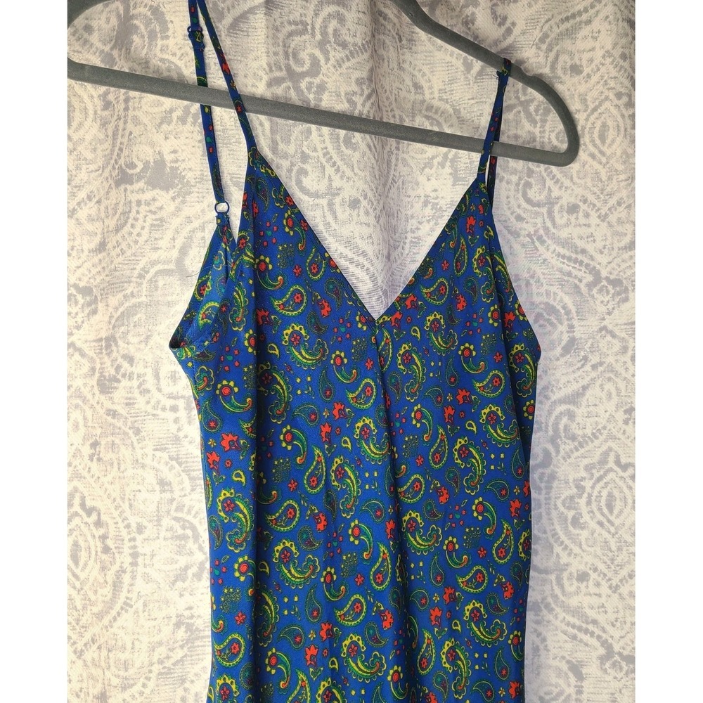 Lovers + Friends Silky Maxi Dress Small Paisley Blue Slip Low Cut Back Slit EUC